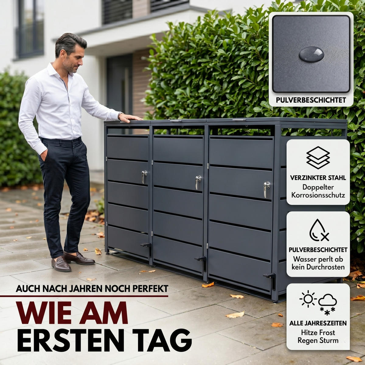 MÜLLTONNENBOX mit Pedal 3er, MTL3 - Anthrazit, Metall (216/116/80cm) - Albatros