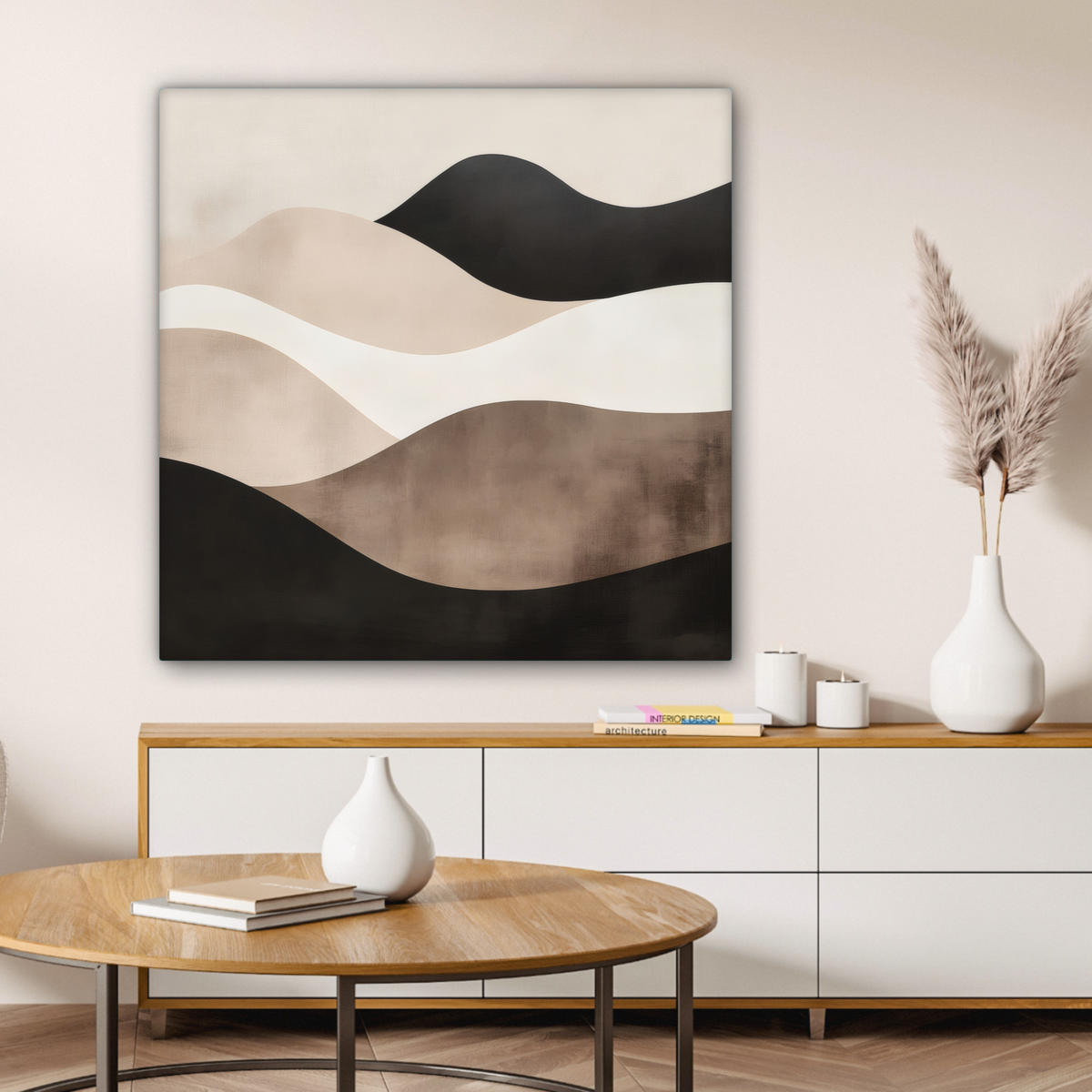 LEINWANDBILD Abstrakt - Landschaft - Wellen - Cremefarben Deko Groß 90x90 cm - Cappuccino, Textil (90/90cm) - MuchoWow