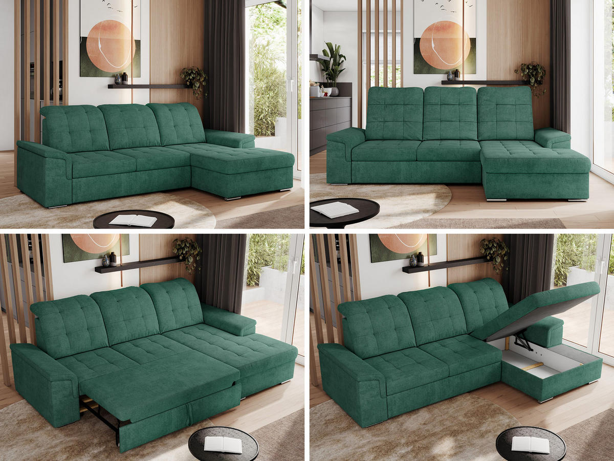 ECKSOFA MADRITO L - Grün Struktur - Rechts - Silberfarben/Grün, Textil/Metall (256/160cm)
