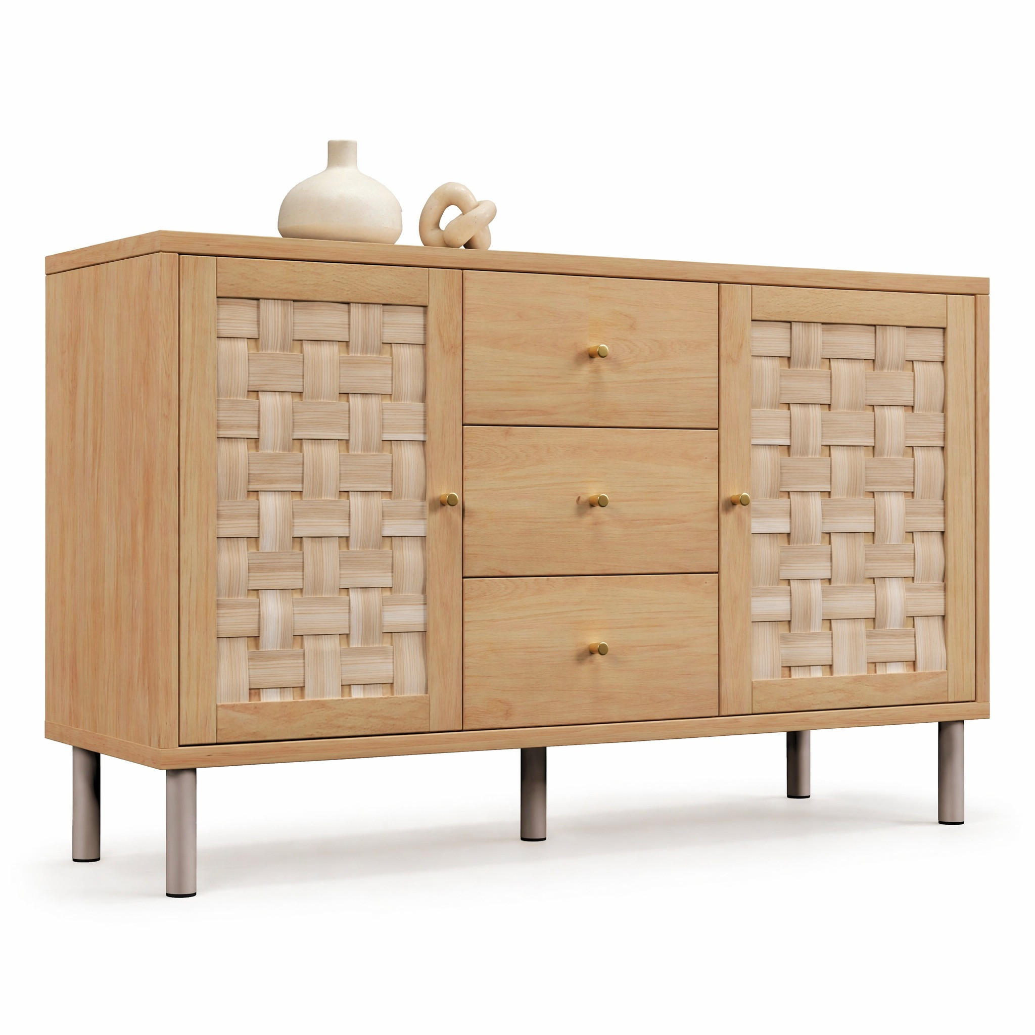 SIDEBOARD in Naturfarben Kommode mit 2 Türen, 3 Schubladen, Metallbeinen & verstellbaren Böden,B120/T40/H75cm - Naturfarben/Weiß, Holzwerkstoff/Metall (120/70/40cm) - STILVORA