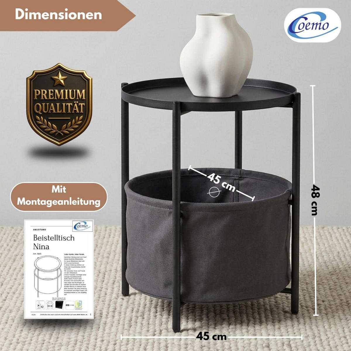 COUCHTISCH NINA Metall mit Aufbewahrungskorb Canvas Schwarz - Schwarz, Metall (45/45/48cm) - Coemo