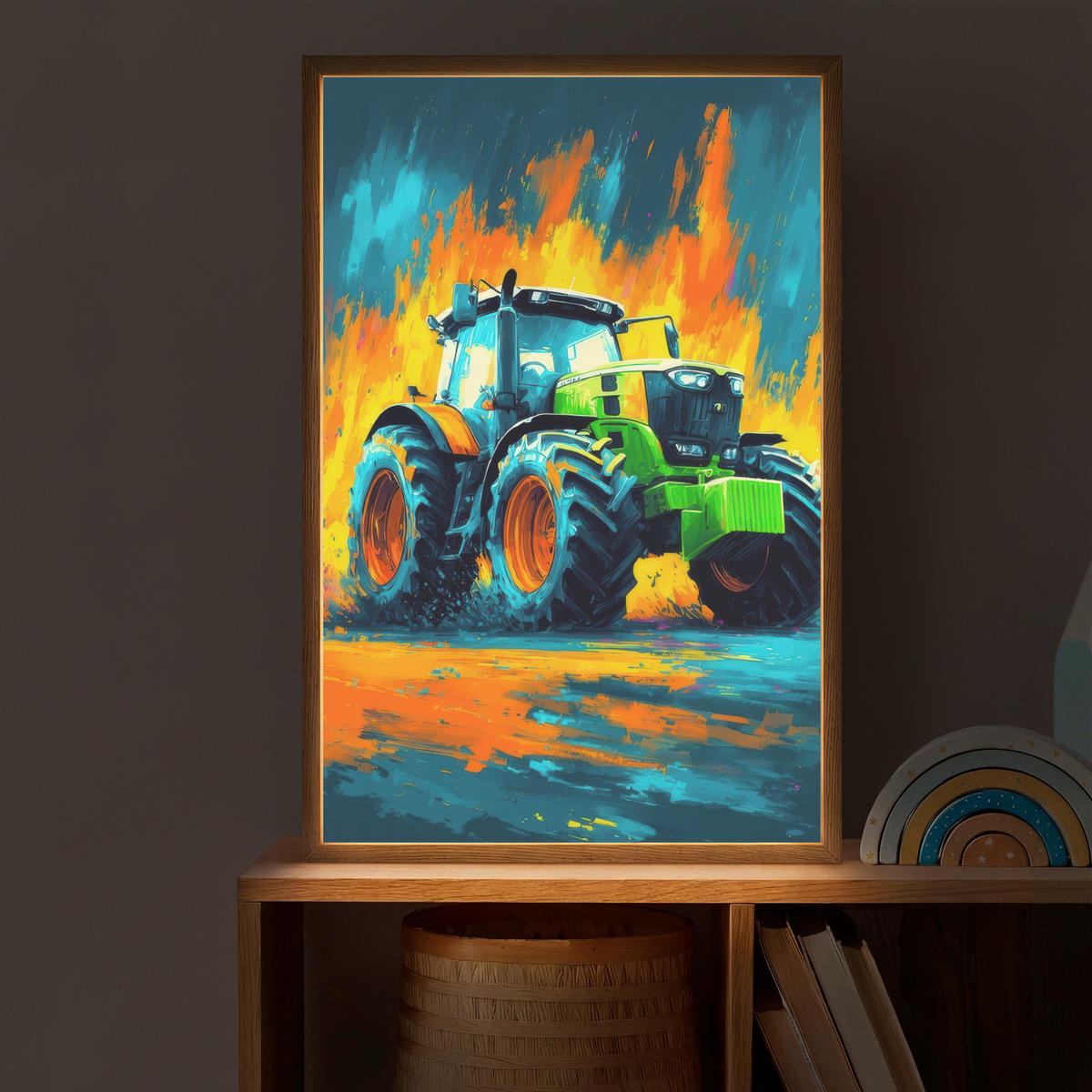 NÁSTĚNNÁ LAMPA S AKUMULÁTOREM Abstrakt - Traktor - Zelený 40x60 cm - tmavě modrá, kompozitní dřevo (40/60/8cm) - OnlyWow