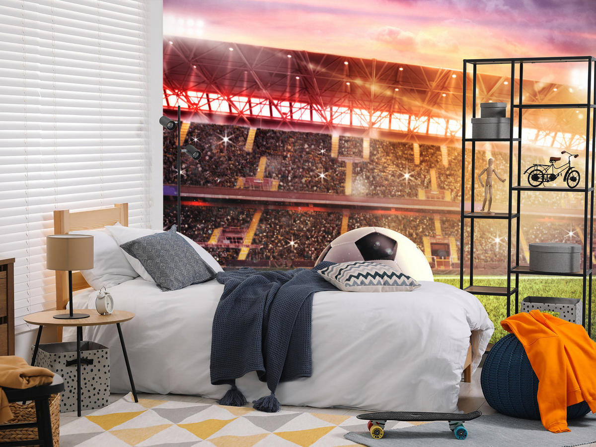 FOTOTAPETE für Jugendzimmer Fußballstadion Nachtlich Lichter Tribünen 300x210 - Gelb/Rot, Papier (300/210cm) - Muralo