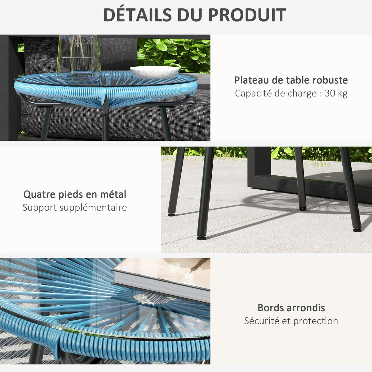 GARTENBEISTELLTISCH DE-13583 rund mit Glasplatte, PE-Rattan Natur - Blau, Metall (50/50/50cm) - ComfortXL