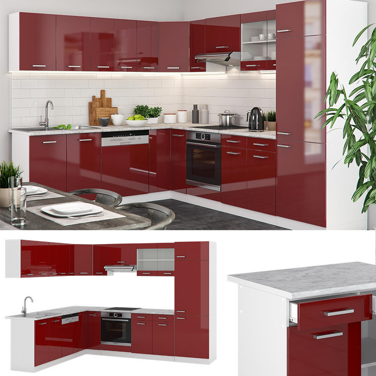 ECKKÜCHE R-Line Rot Hochglanz/Weiß 287 x 46 cm ohne Arbeitsplatte - Rot/Weiß, Holzwerkstoff (287/81.6/46cm) - Vicco