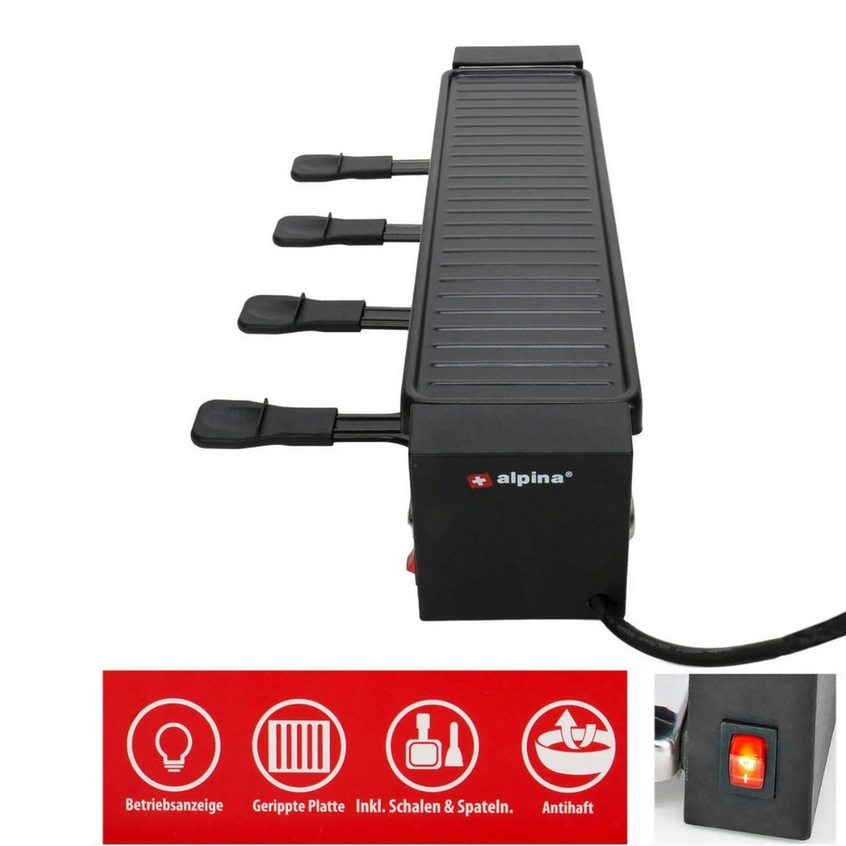 RACLETTEGRILL ED-223292, Steingrill 4 Personen, 800W Tischgrill, Partygrill Elektro, Antihaft Grillplatte, Verstellbarer Thermostat - Schwarz, Metall (49.3/10/11cm) - Alpina