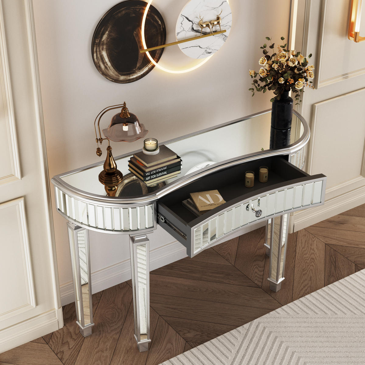 KONSOLENTISCH Halbmond Grau/Silber Spiegelglas Schublade 120 cm - Silberfarben/Grau, Glas/Holzwerkstoff (120/38/78cm)