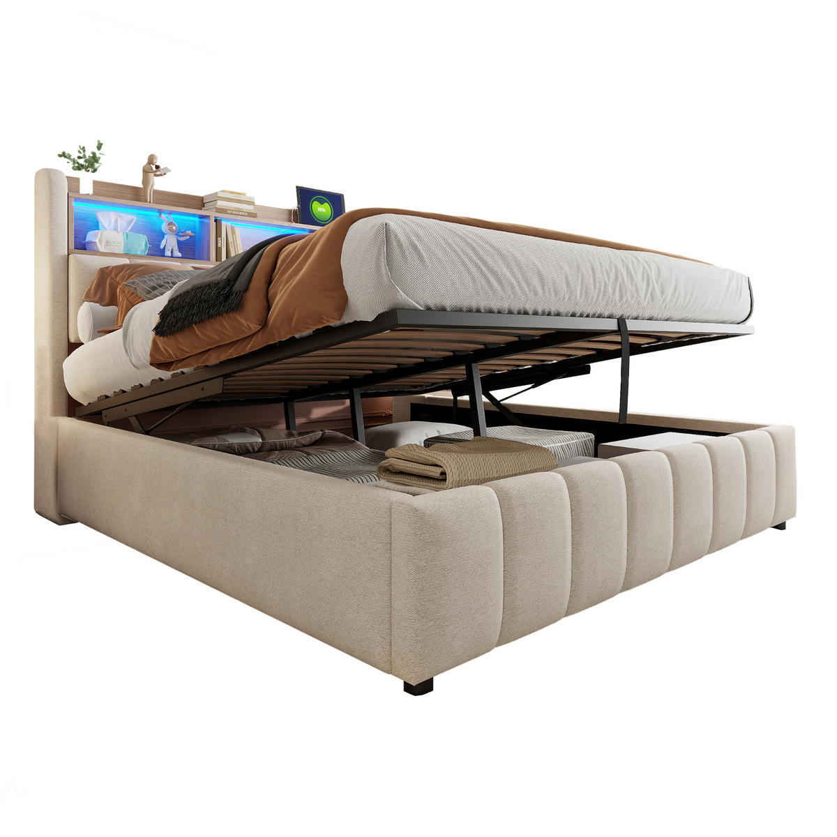 POLSTERBETT 180/200 cm Beige mit LED-Beleuchtung und USB-Anschlüssen aus Leinenstoff - Beige, Textil (180/200cm) - OKWISH