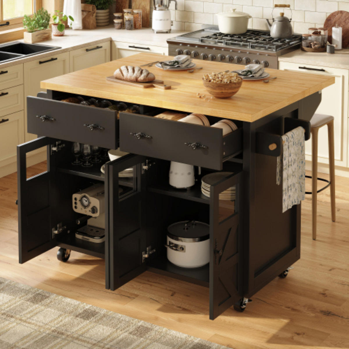SERVIERWAGEN 140x45-73x93,5 cm aus MDF und Metall mit ausziehbarer Tischplatte, Schubladen, schwarz - Schwarz, Holzwerkstoff (140/93.5/73cm) - Luhomfu