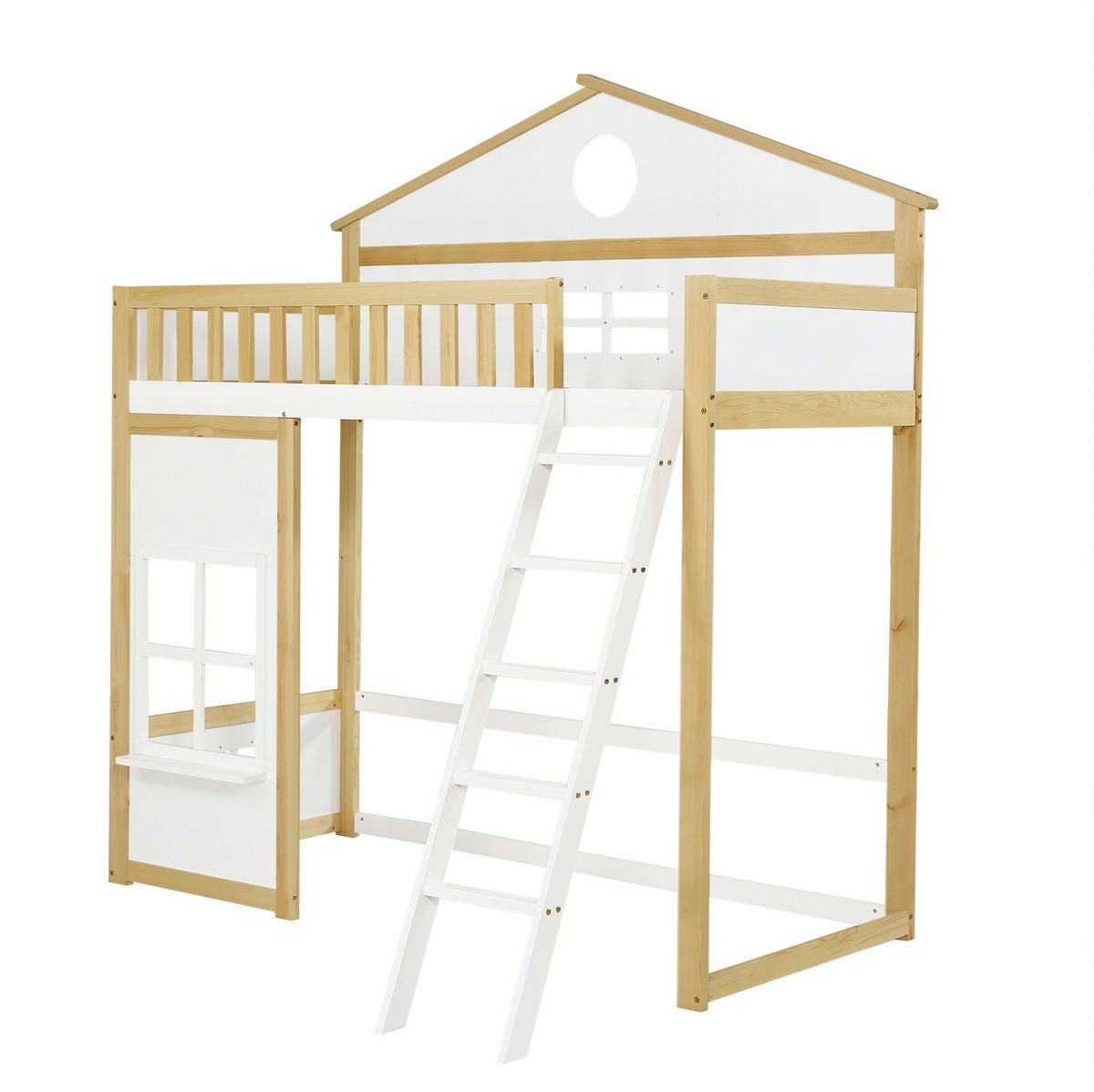 ETAGENBETT aus Kiefer und MDF 90x200 cm Weiß/Natur mit Treppe, Fallschutz und Hausdesign - Weiß, Holzwerkstoff (90/200cm) - IVMEU