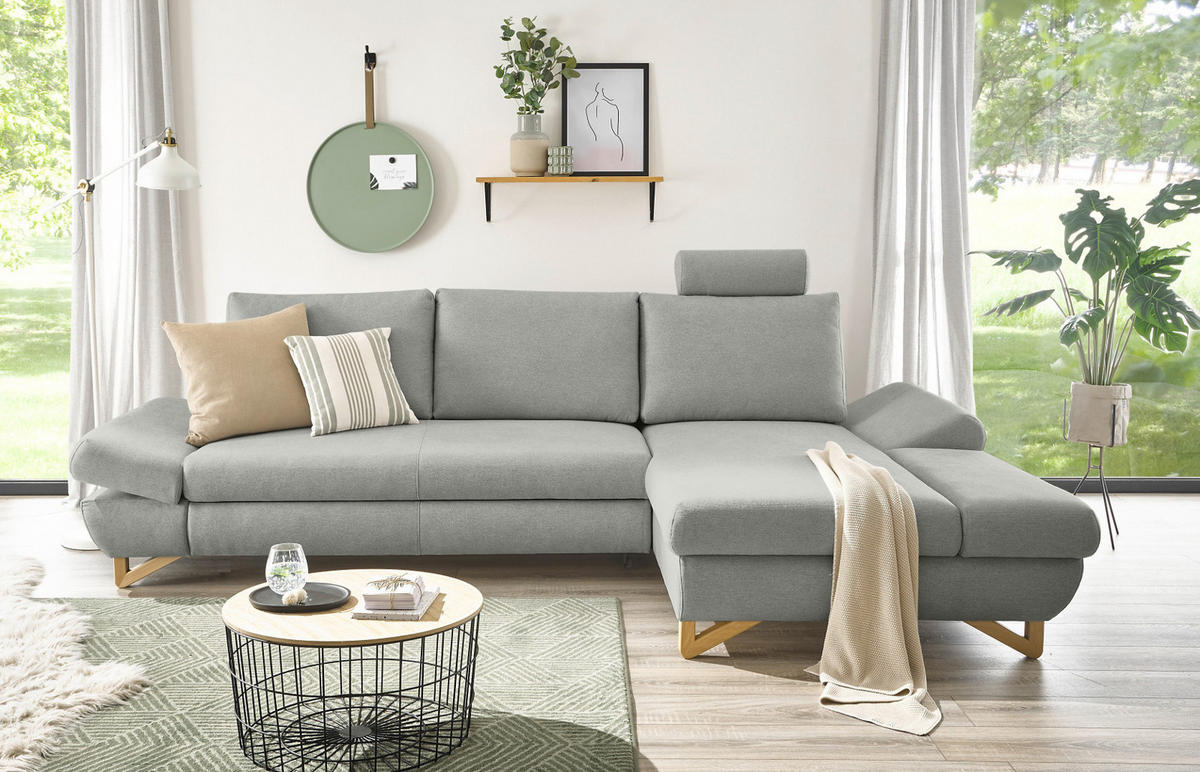 ECKSOFA hellgrau Velours, Wohnzimmer Sofa - Hellgrau, Holz/Textil (284/166cm) - Furn.Design