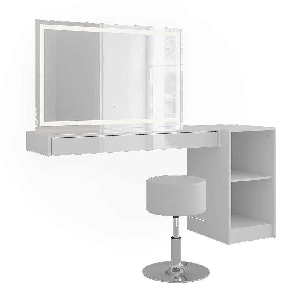 MASUTA DE TOALETA Sherry, Alb, 160.2 cm cu oglinda LED, taburet si raft deschis