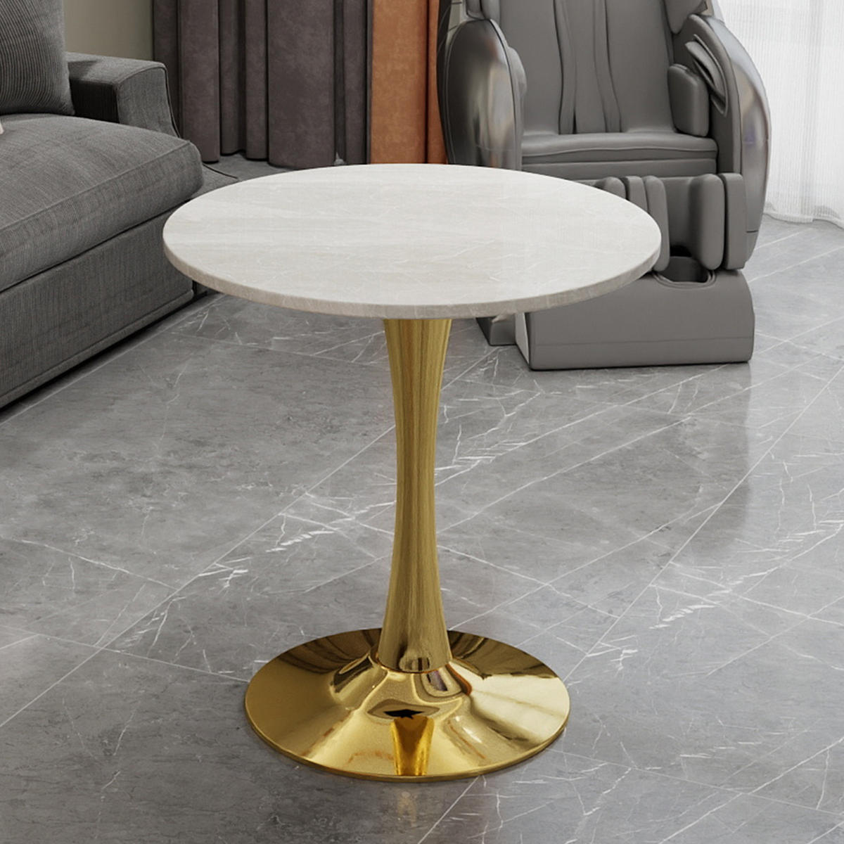 COUCHTISCH 70/70/72 cm Gold Weiß mit runder Kunstmarmorplatte im Minimal-Design - Goldfarben, Stein (70/70/72cm) - OKWISH