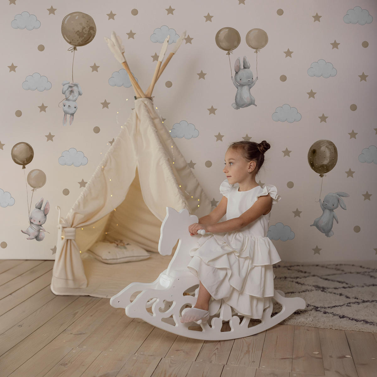 WANDAUFKLEBER SET Hasen Ballons Wolken Sterne 120x60 - Beige/Braun, Papier (120/60/1cm) - Muralo