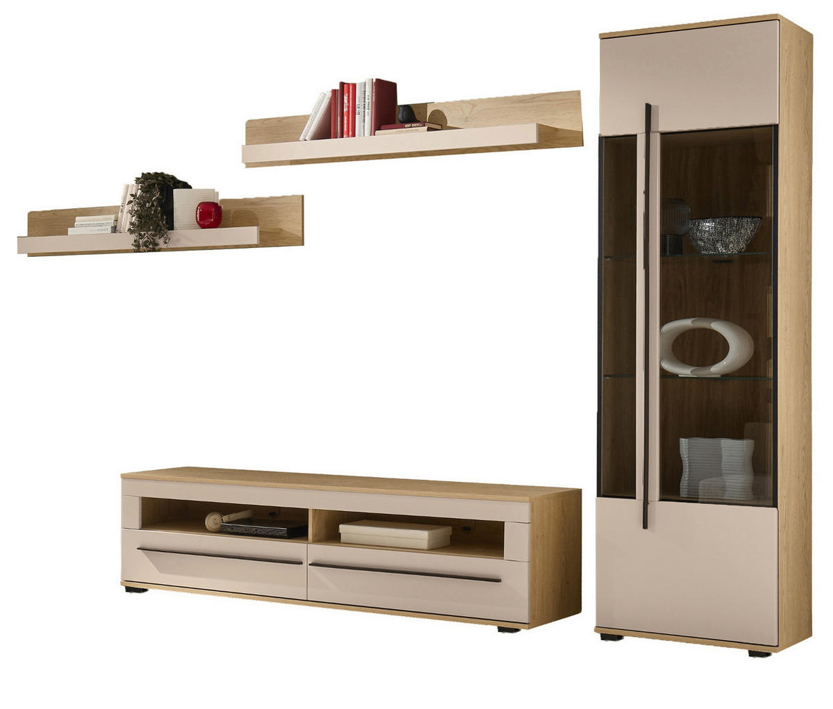 WOHNWAND Kaschmir, Eiche 4-teilig 240 cm, Wohnkombination mit Soft-Close - Kaschmir/Eichefarben, Glas/Holzwerkstoff (240/200/42cm) - Furn.Design