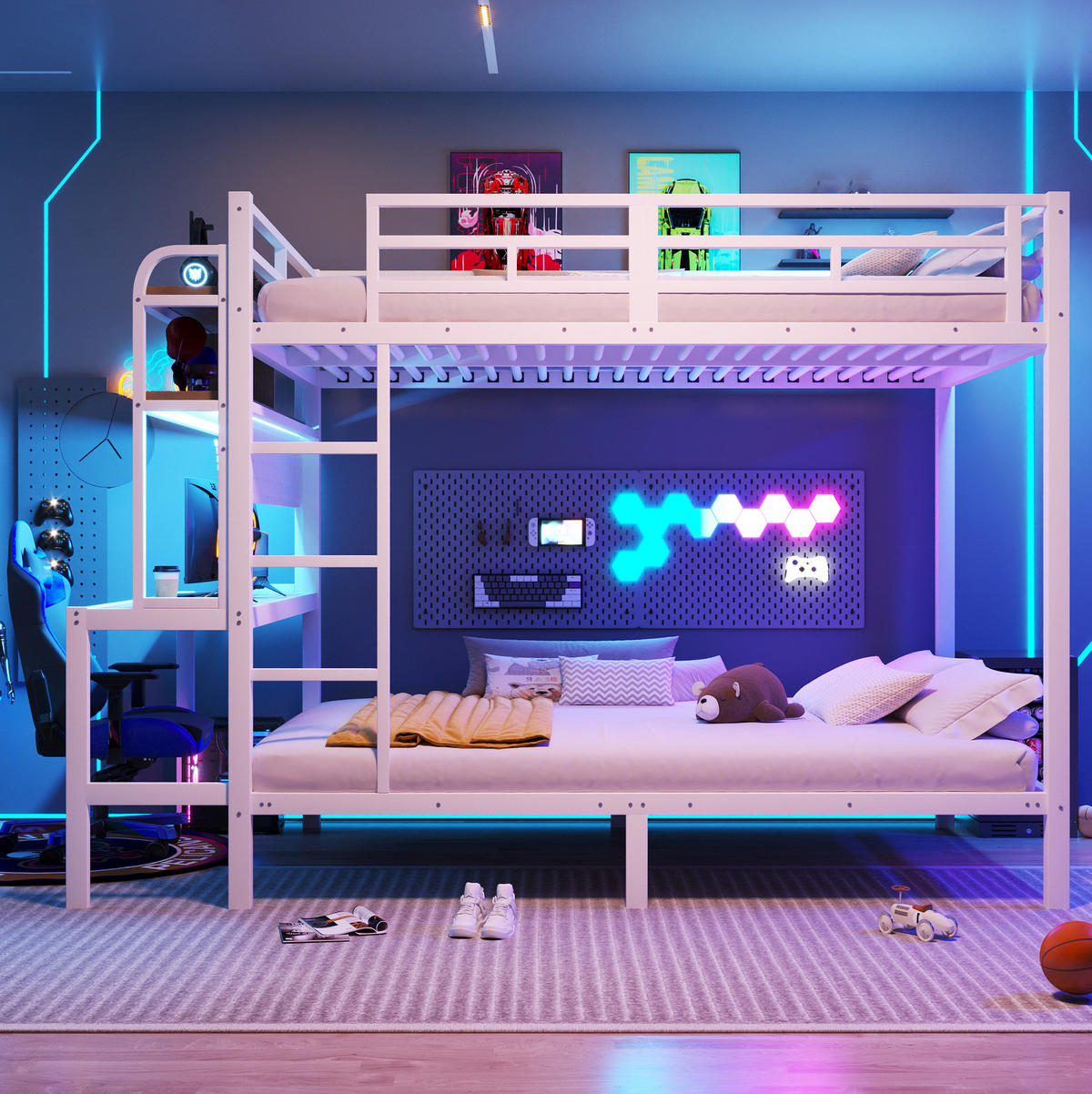 ETAGENBETT aus Metall und MDF 140x200 cm Weiß mit Schreibtisch, Ablagefächern, LED-Lichtleiste und USB - Weiß, Metall (140/200cm) - Modfu