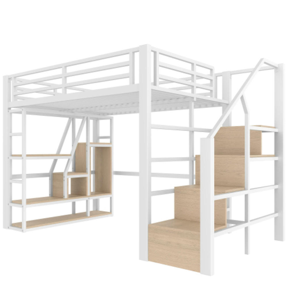HOCHBETT 140×200 cm aus Metall und MDF mit LED-Beleuchtung und Stauraum, weiß - Weiß, Metall (140/200cm) - Luhomfu
