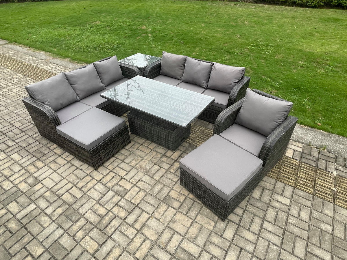 GARTENMÖBELSET mit Höhenverstellbarer Esstisch 2 Hocker 9-Sitzer Grau - Dunkelgrau/Grau, Glas/Kunststoff - Fimous