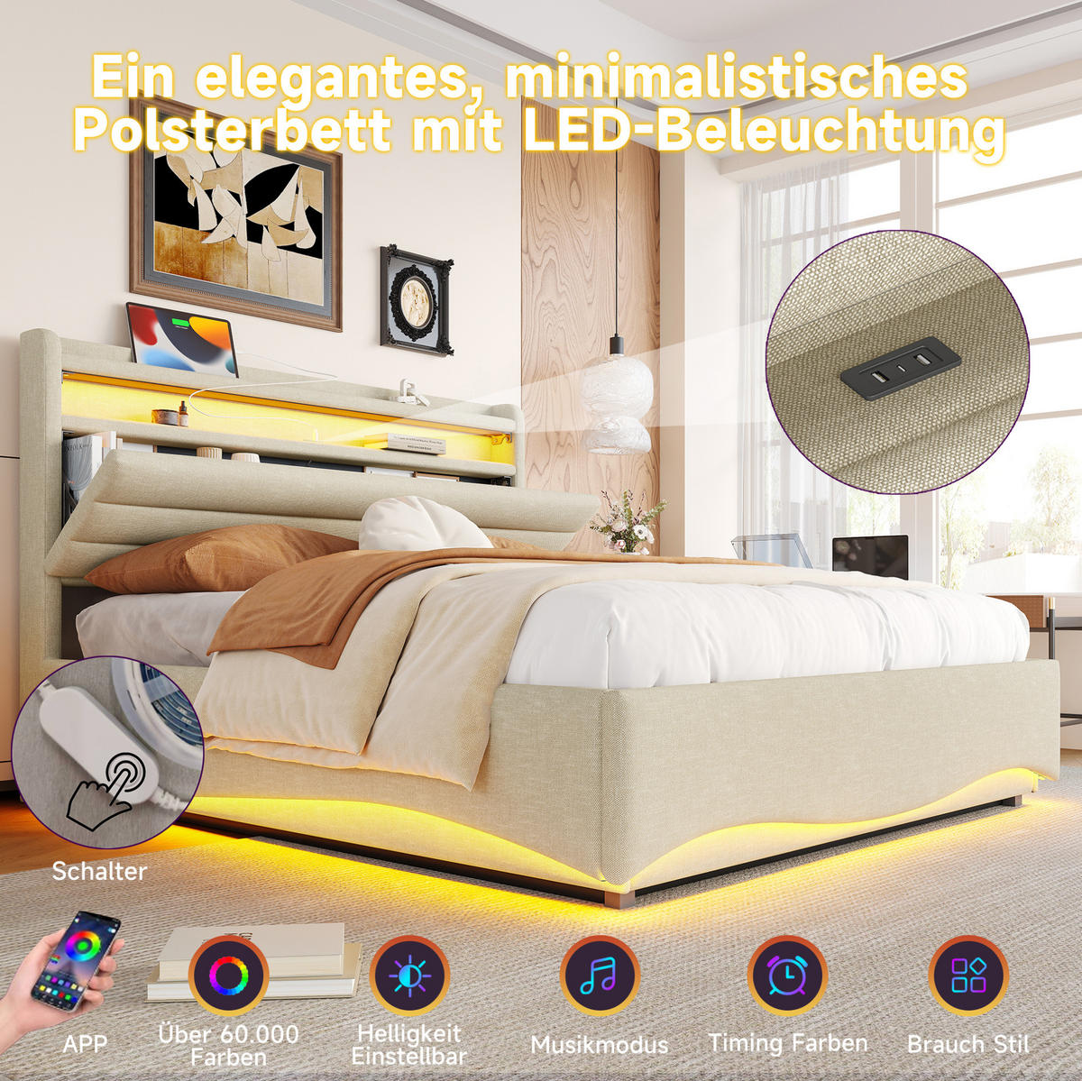 POLSTERBETT 140/200 cm Beige aus Leinen mit LED-Beleuchtung und Stauraum - Beige, Textil (140/200cm) - OKMYHOME