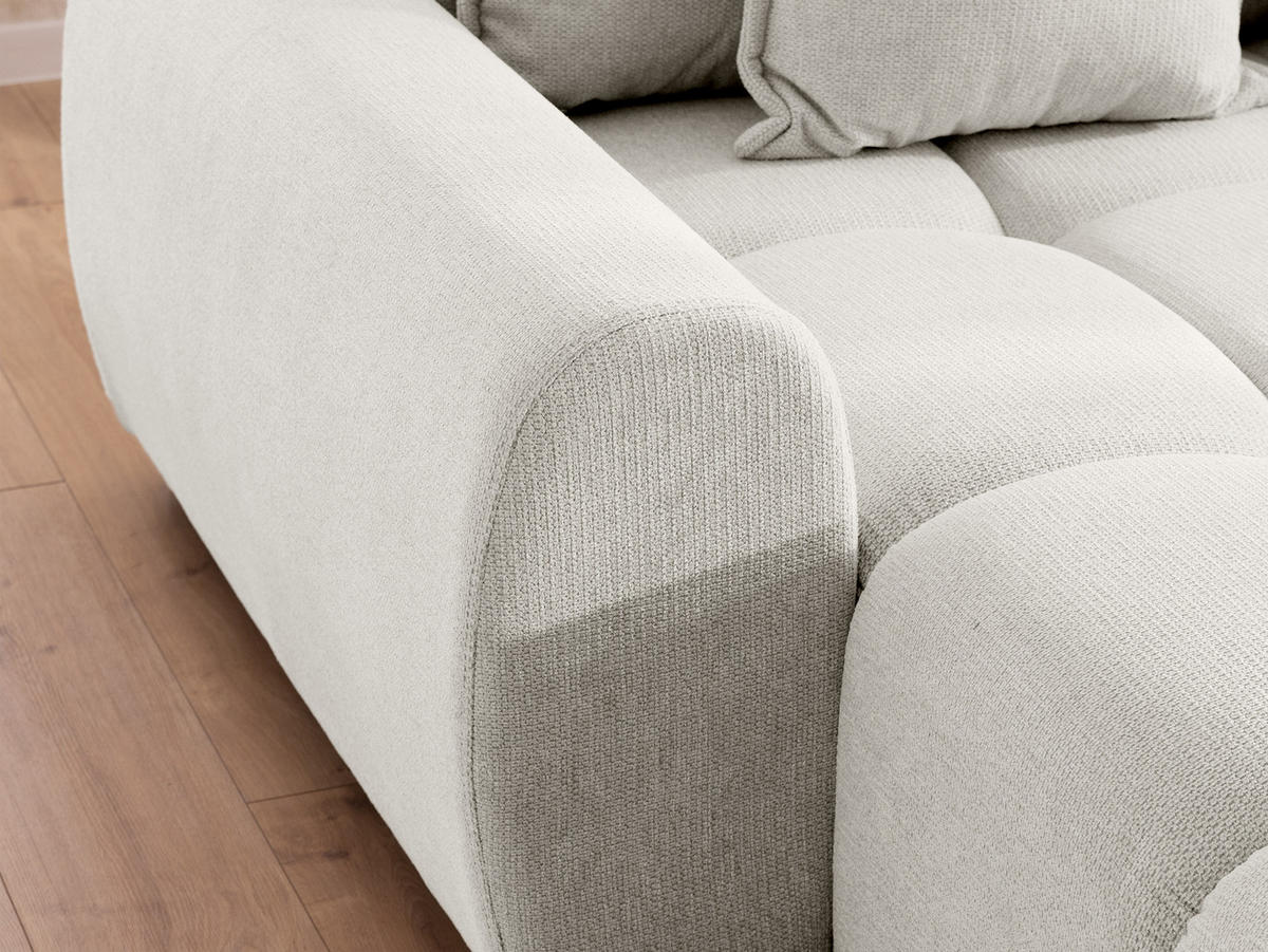 ECKSOFA inkl. Hocker Bubble mit Schlaffunktion und losen Rückenkissen, Sitzfläche in Bubble-Optik aus weichem Creme Strukturstoff - Ottomane Links - Creme/Schwarz, Holz/Kunststoff (180/306cm) - S-Style Möbel