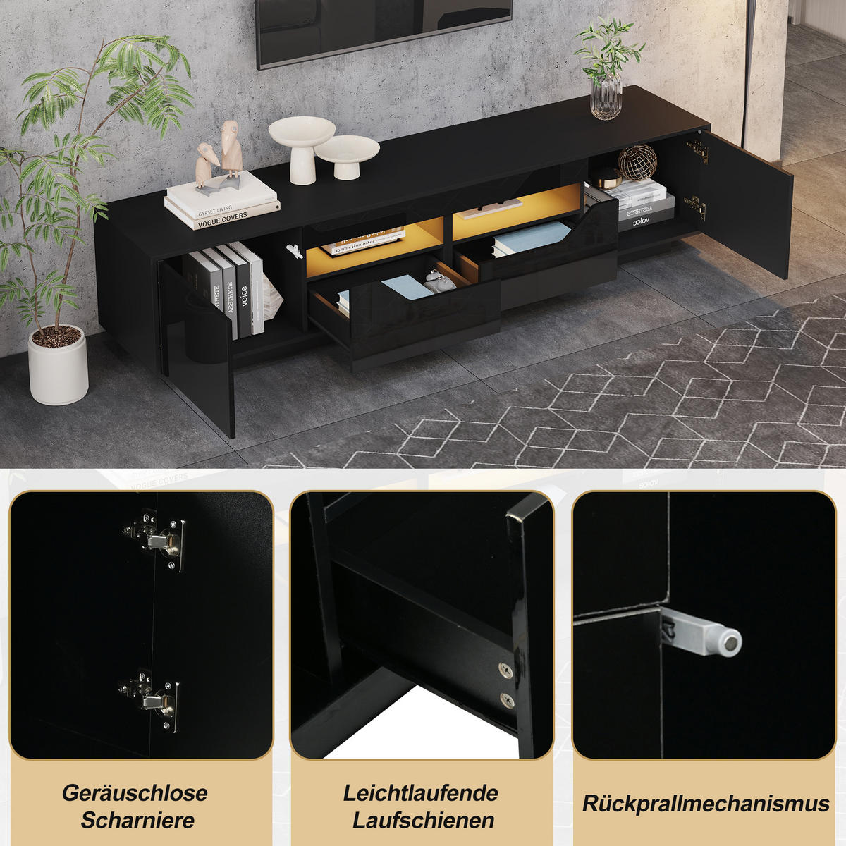 TV-SCHRANK 180/40/45 cm Schwarz mit 2 Schubladen und 2 Türen - Schwarz, Holzwerkstoff (180/45/40cm) - Oxeza