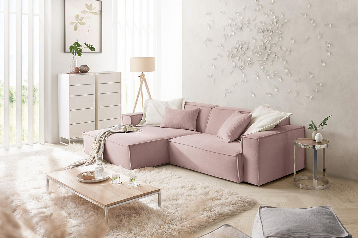 ECKSOFA SAMU Pink Cord - Pink/Schwarz, Textil (276/168cm) - KAWOLA
