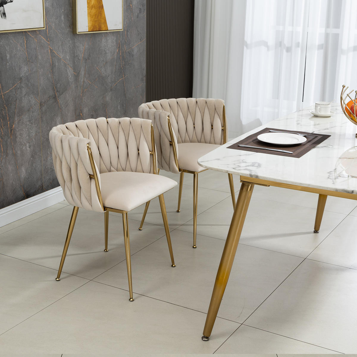 ESSZIMMERSTUHL 2er-Set aus Samt mit Goldbeinen - Creme, Textil (55.5/74/41cm)