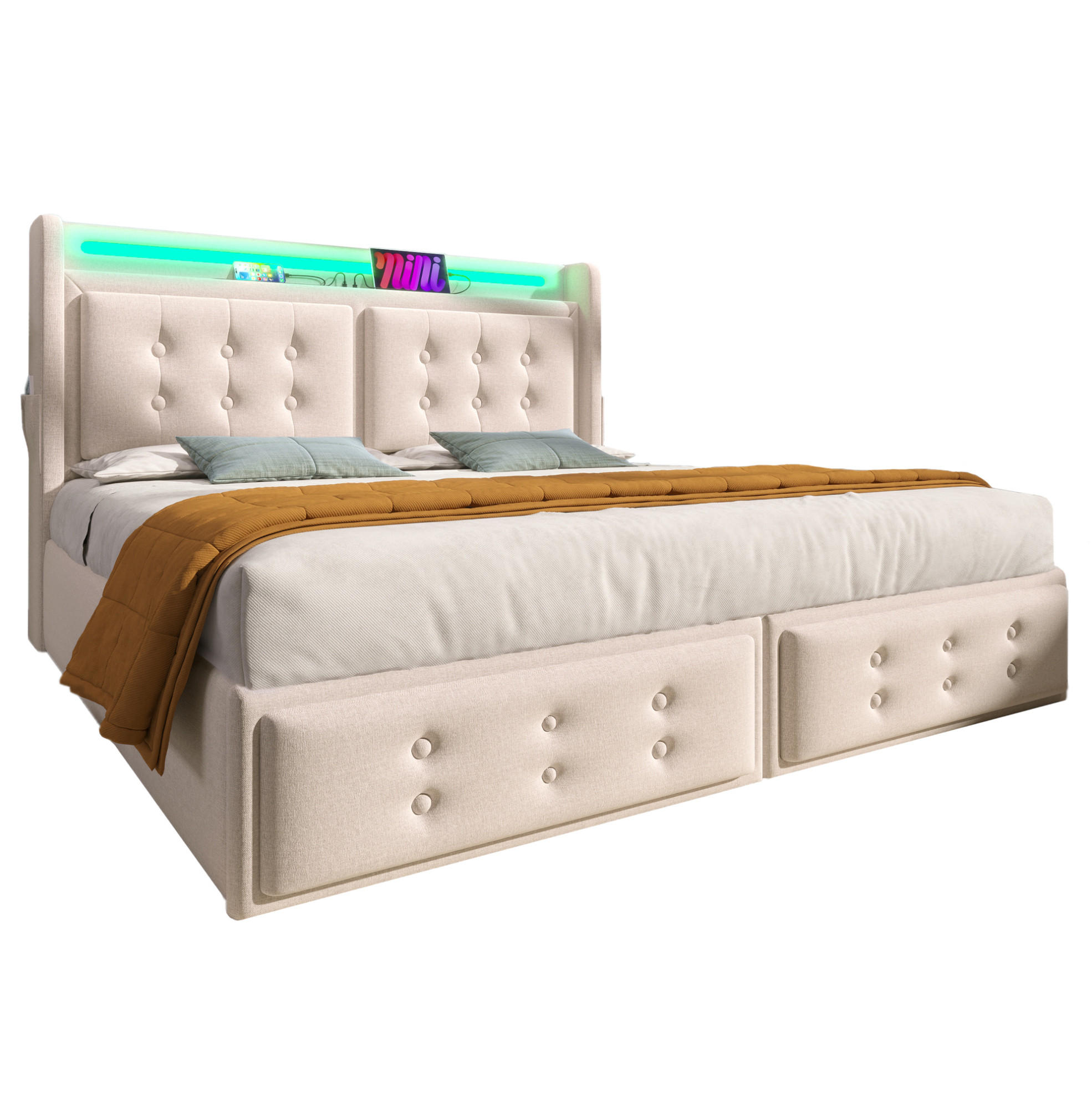 POLSTERBETT mit LED, USB und Stauraum 160x200 cm Beige - Beige, Metall (160/200cm) - Meubliv
