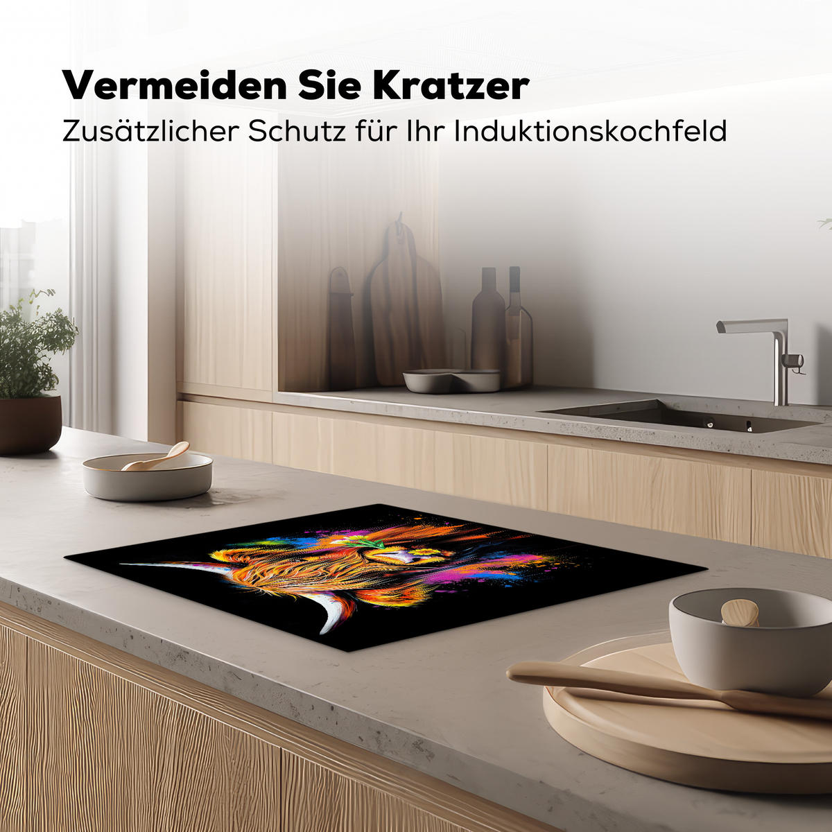 HERDABDECKPLATTE Schottischer Highlander - Graffiti - Bunt - Blume - Tiere Herdabdeckung Induktionsfeld 65x52 cm - Multicolor, Kunststoff (65/52/0.2cm) - MuchoWow