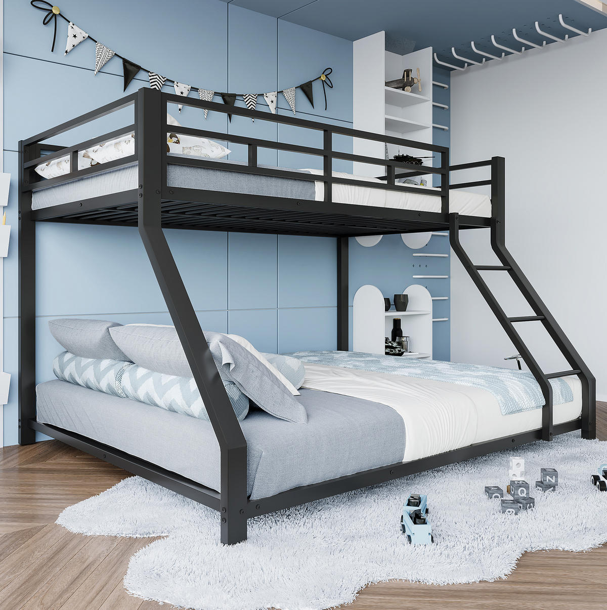 ETAGENBETT 90/200 cm und 140/200 cm mit Treppe, Geländer, Metall, Schwarz ohne Matratze - Schwarz, Metall (140/200cm) - MIVRAY