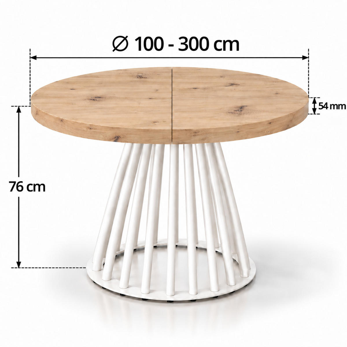 ESSTISCH rund ausziehbar 100/300/76 cm, Hellbraun Eiche Artisan, 54 cm Tischplatte + Lamellen-Metallgestell Weiß - Weiß/Eiche Artisan, Holzwerkstoff/Metall (100/300/76cm) - Damale Möbel