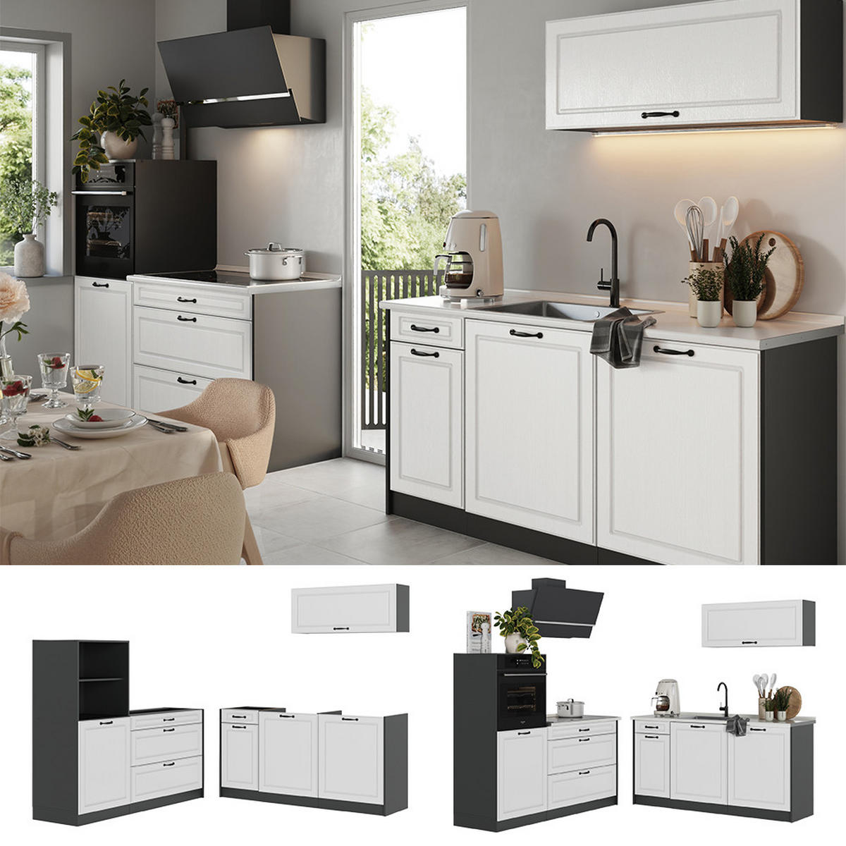 KUCHYNKA R-Line, Biely vidiecky dom/antracitová, 160 cm Marmori työtaso - biela/antracitová, kompozitné drevo (160/143/60cm) - Vicco
