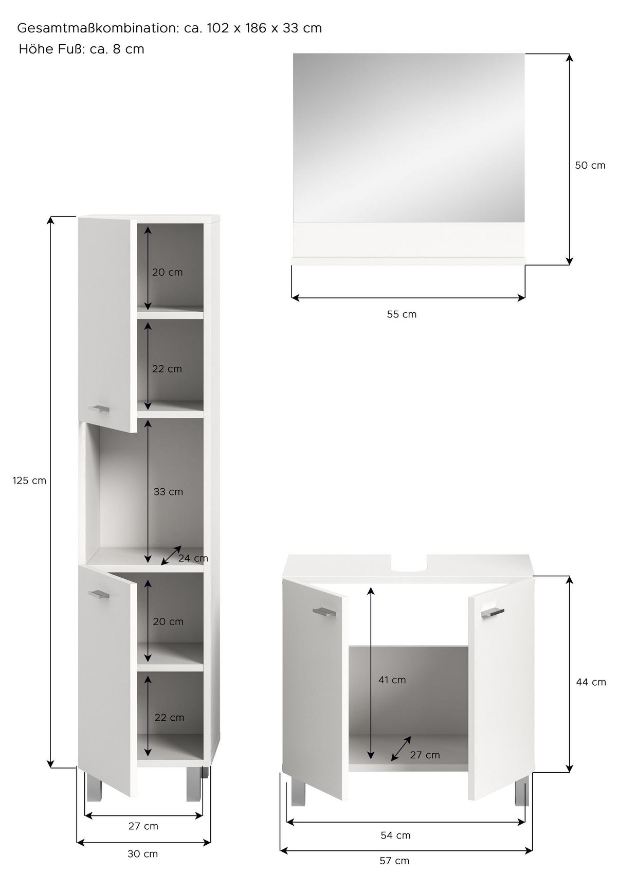 BADMÖBEL Set Boston 3tlg. auch hängend montierbar (B/H/T: 102x186x33 cm) - Weiß, Holzwerkstoff (102/186/33cm)