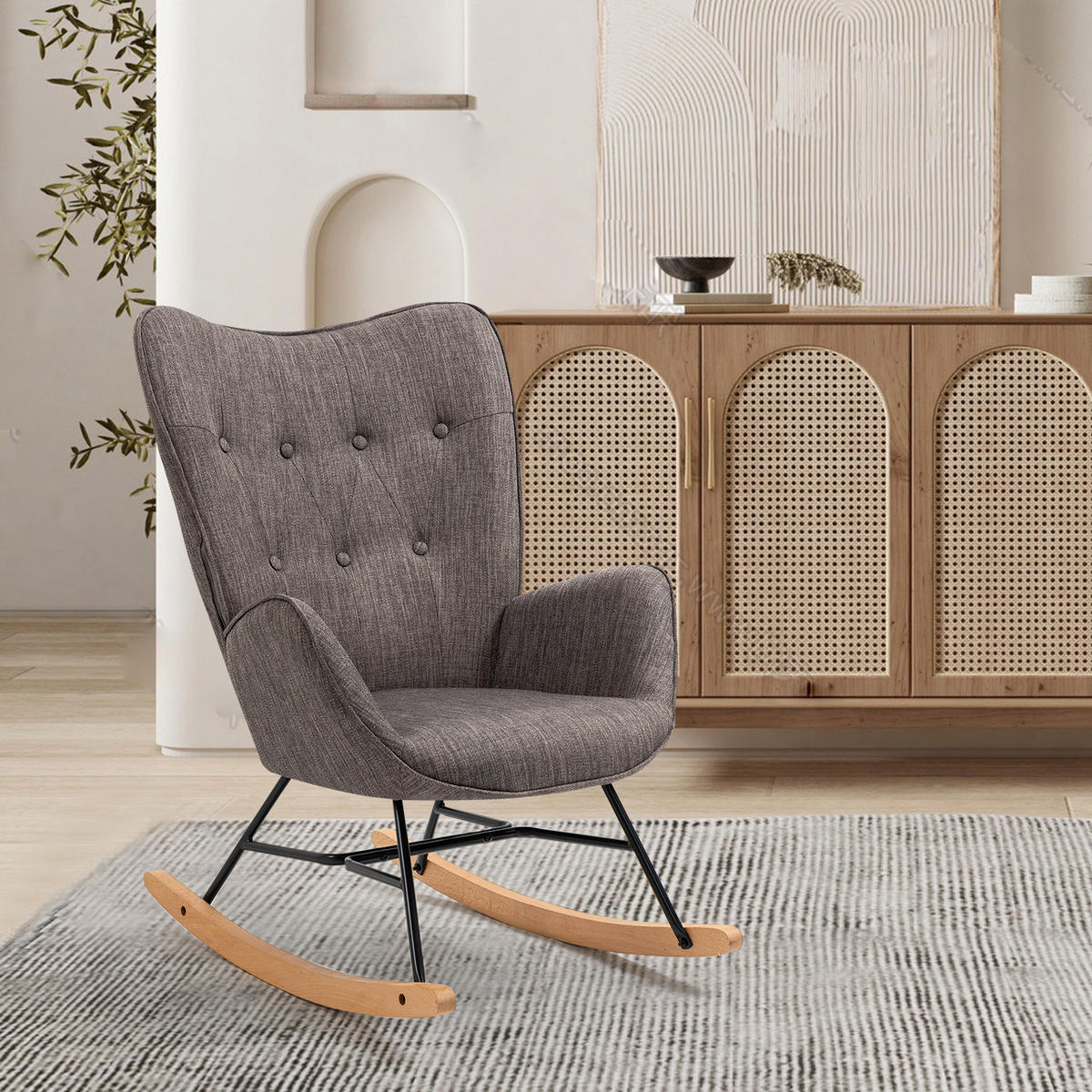 SCHAUKELSTUHL aus dunkelgrauem Stoff, skandinavisches Design, für Wohnzimmer und Schlafzimmer - Dunkelbraun, Textil/Metall (66/97/84cm) - Meubles Cosy