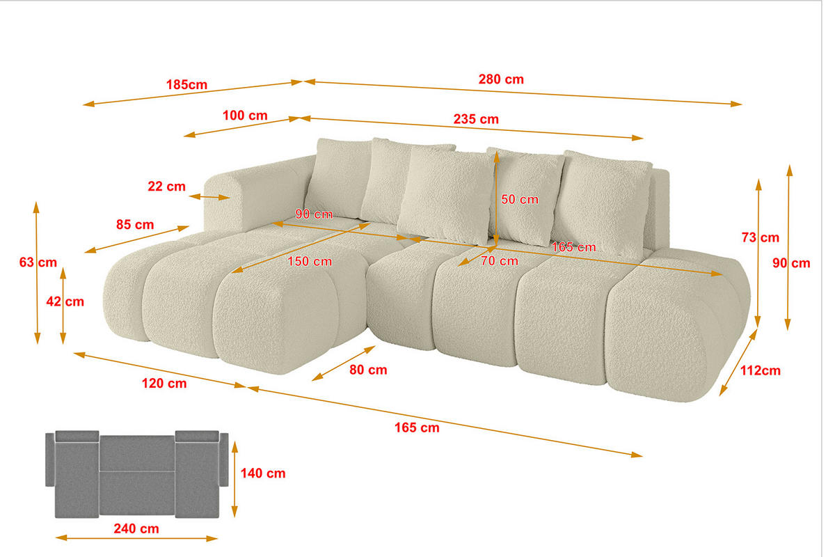 ECKSOFA Ottomane Links CLOUD-L-v1 280x185x90 Beige Bouclé - Beige, Holzwerkstoff/Kunststoff (180/289cm) - ALTDECOR