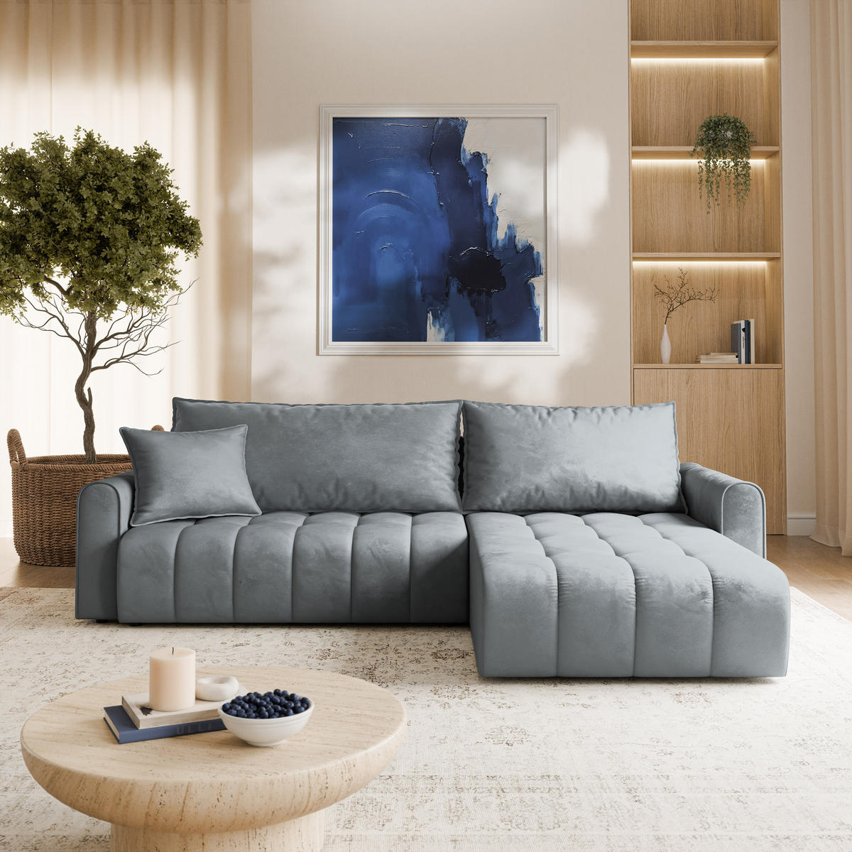 ECKSOFA FRIGA Grau Velours-Stoff mit Schlaffunktion - Grau, Holz (283/185cm) - MASSENO