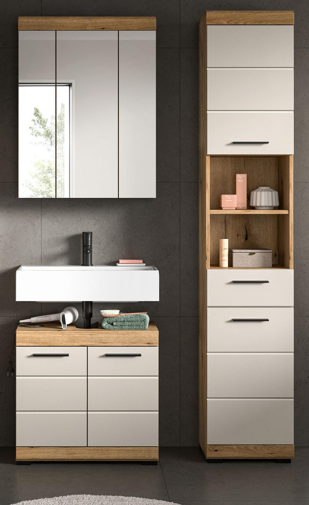 BADMÖBEL Set 3-teilig in Sand Kashmir und Evoke Eiche Badkombination 112 x 191 cm Shawn - Kaschmir/Eichefarben, Glas/Holzwerkstoff (112/191/34cm) - Inn.Furn