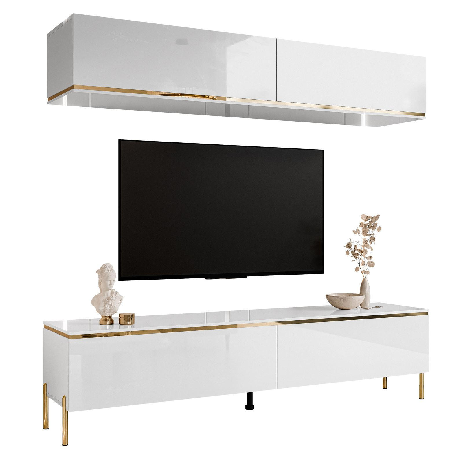 WOHNWAND AURORA in Weiß hochglanz mit gerade Goldchrom Fuße - Weiß Hochglanz/Goldfarben, Holzwerkstoff/Metall (180/46/40cm) - Lookway