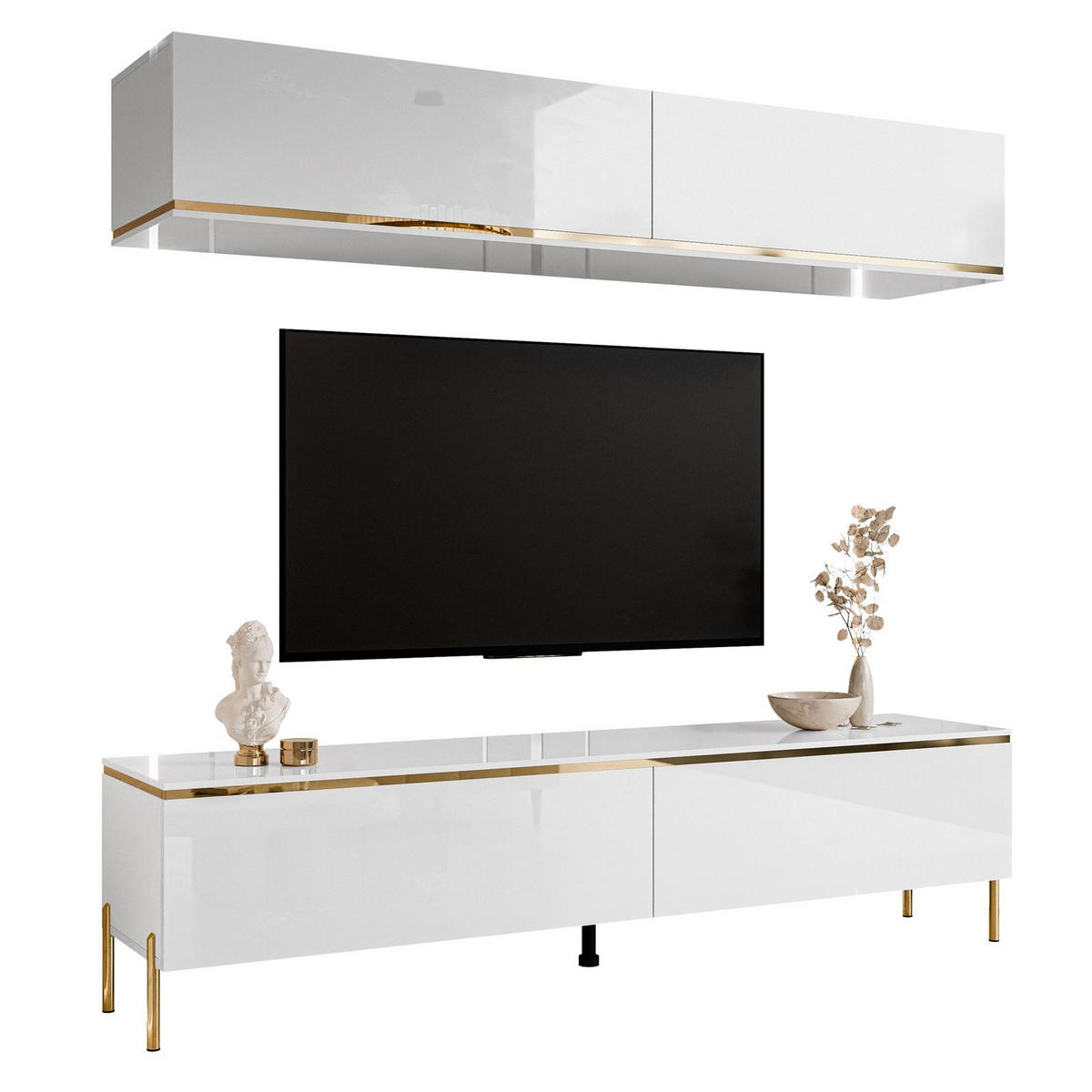 WOHNWAND AURORA in Weiß hochglanz mit gerade Goldchrom Fuße - Weiß Hochglanz/Goldfarben, Holzwerkstoff/Metall (180/46/40cm) - Lookway