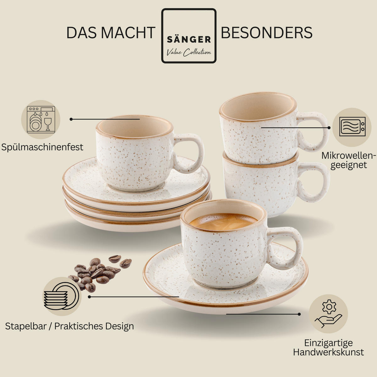 ESPRESSOTASSEN SET RIO CREME - 8 teilig aus Steingut - Creme, Keramik (0.08L) - Sänger