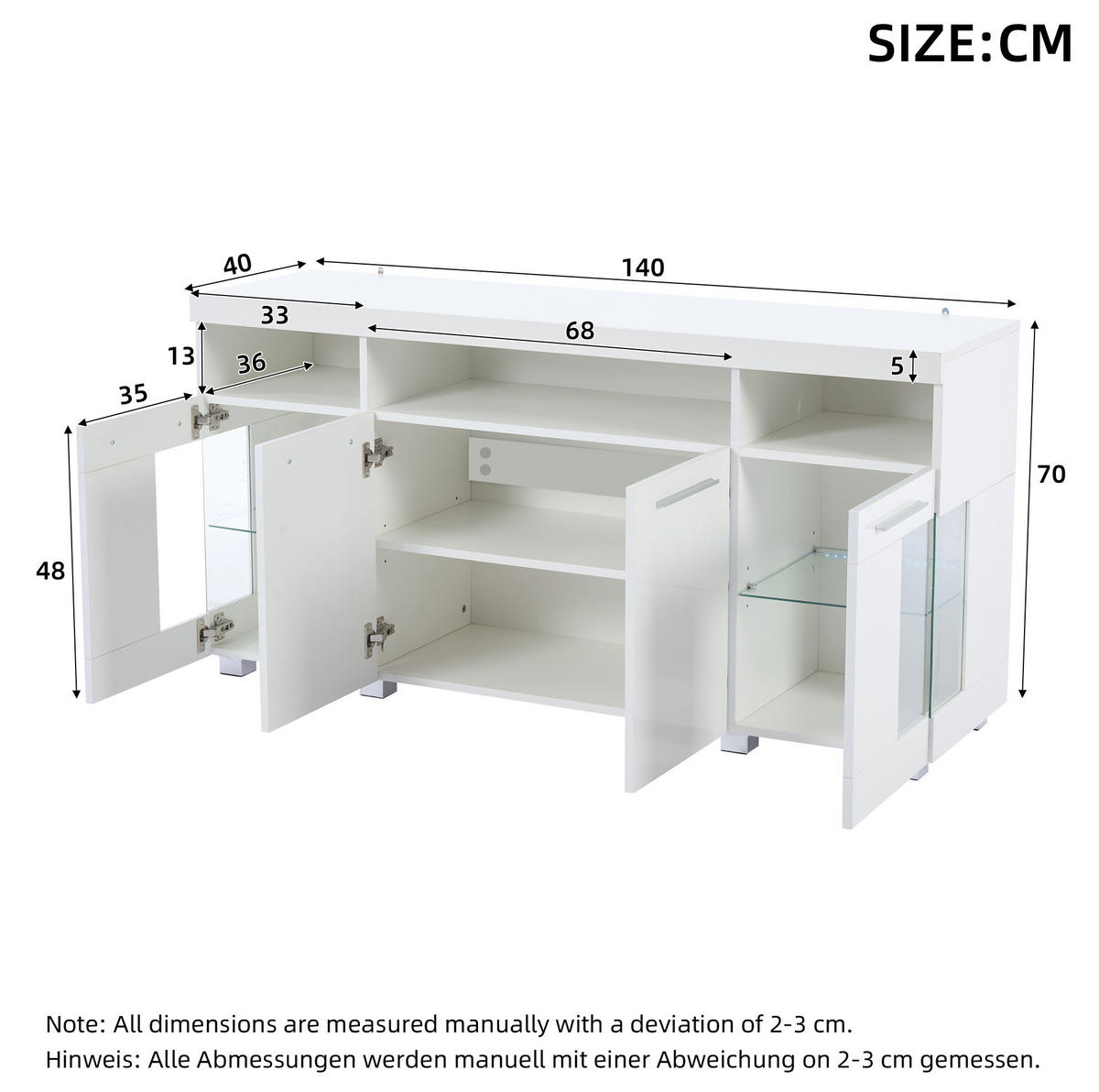 SIDEBOARD 140/40/70 cm mit LED-Beleuchtung, Hochglanzfront und Türen aus gehärtetem Glas, Weiß - Weiß, Holzwerkstoff (140/70/40cm) - Redom