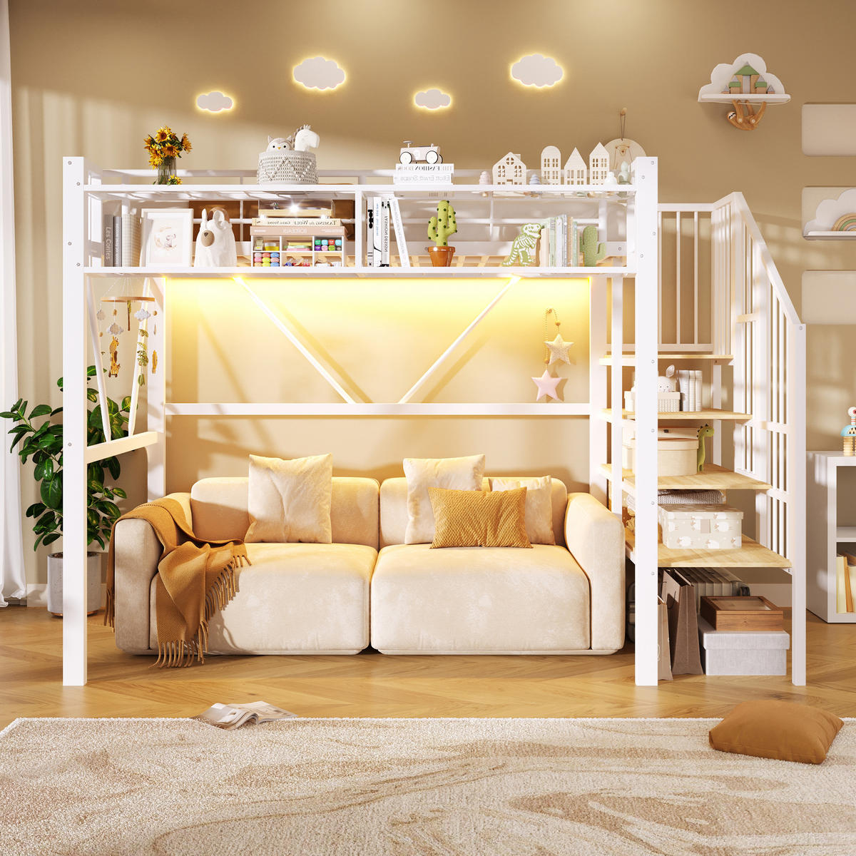 HOCHBETT 90/200 cm in Weiß mit LED und Stauraum - Weiß, Holzwerkstoff/Metall (90/200cm) - WISHDOR
