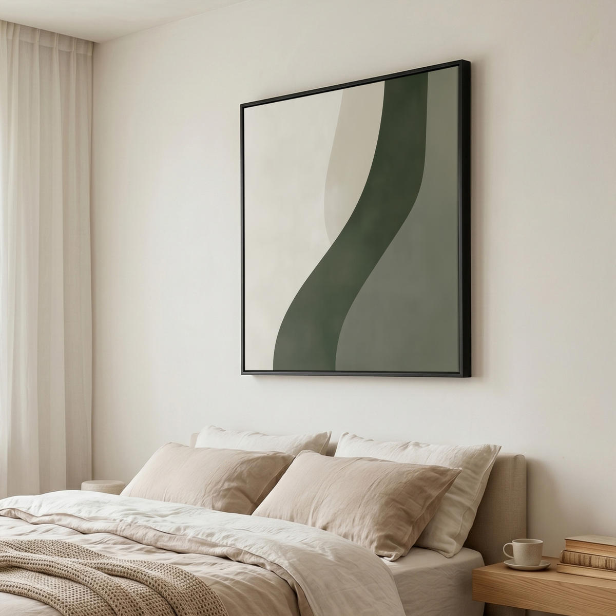 LEINWAND Bilder mit Rahmen - Japandi - Grün - Abstrakt - Modern - 90x90 - Salbeigrün, Textil (90/90cm) - MuchoWow