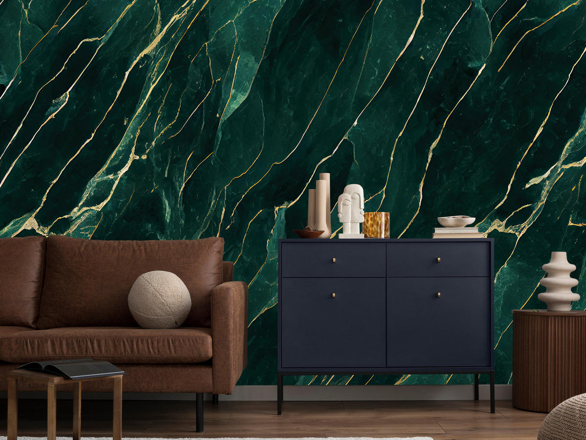 FOTOTAPETE für Wohnzimmer Eleganter Grüner Marmor Goldimitation 250x175 - Türkis/Grün, Papier (250/175cm) - Muralo