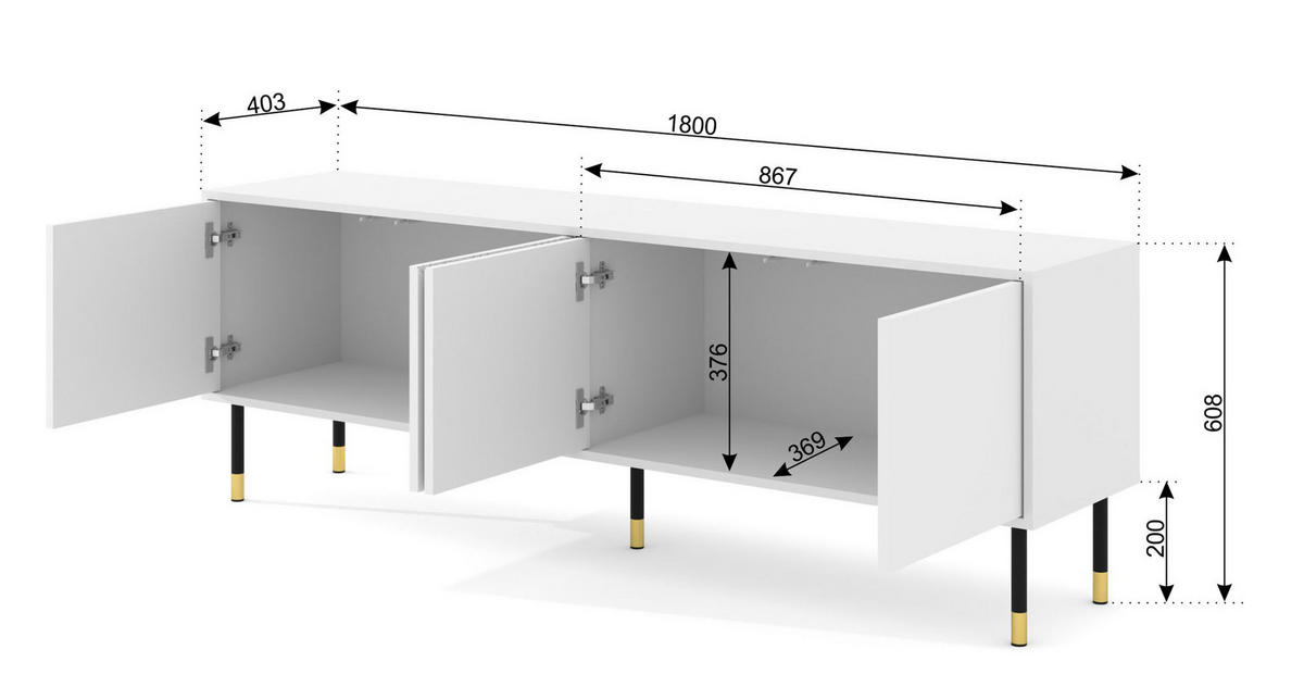 TV LOWBOARD Weiß, Weiß, Gold 180/61/40 - Weiß, Holzwerkstoff (180/61/40cm) - RAUMHIRSCH FURNITURE