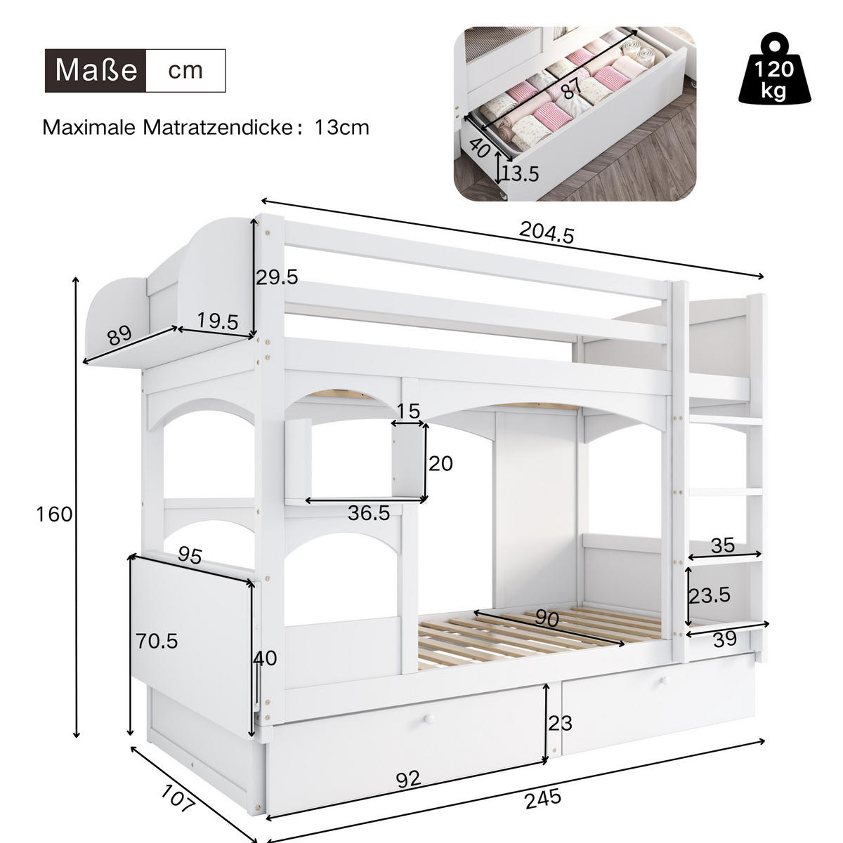 ETAGENBETT 90/200 cm aus Massivholz mit klappbarem Schreibtisch und 2 Schubladen - Weiß, Holz (90/200cm) - BEAOK