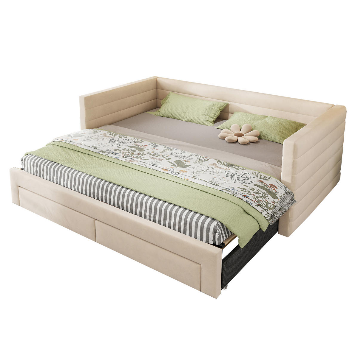 POLSTERBETT 90/190 cm ausziehbar zum Doppelbett mit 2 Schubladen und Lattenrost, Beige - Beige, Textil (90/190cm) - Redom