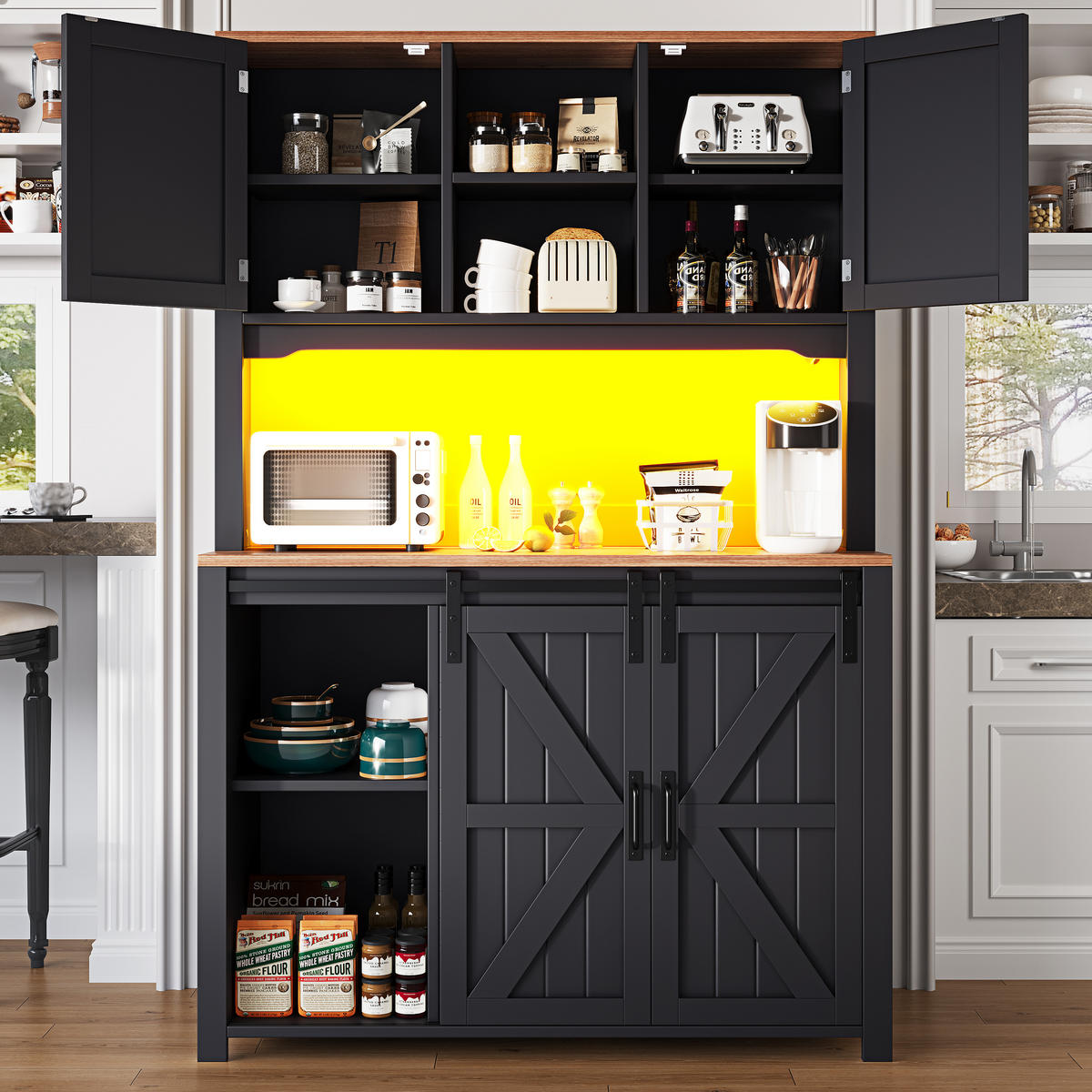 GESCHIRRSCHRANK aus MDF & Metall 115x40x174,7 cm in Schwarz mit LED - Schwarz, Holzwerkstoff (115/174.7/40cm) - Modfu