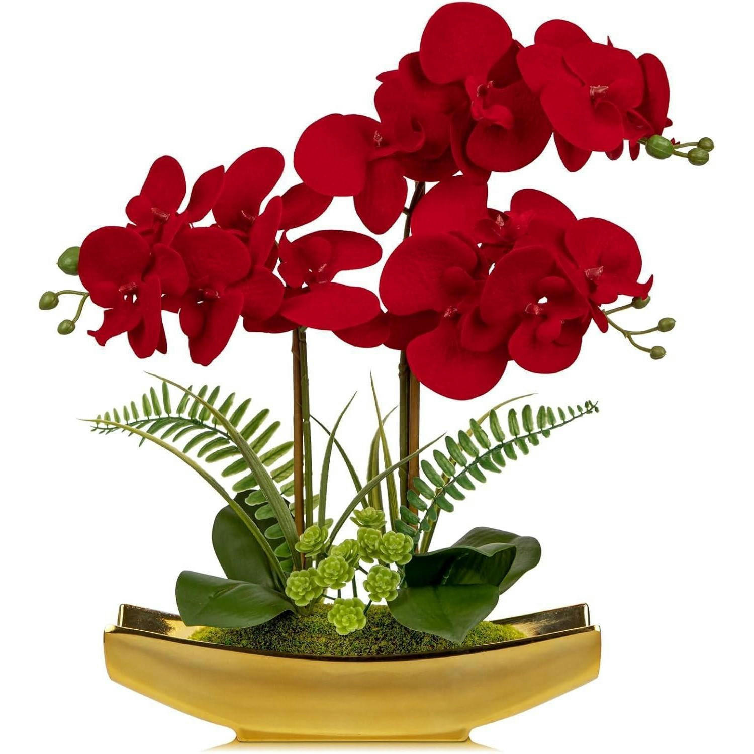 KÜNSTLICHE Orchidee Phalaenopsis Rot im goldenen Topf 38 cm - Rot, Kunststoff (40cm)
