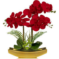 KÜNSTLICHE Orchidee Phalaenopsis Rot im goldenen Topf 38 cm - Rot, Kunststoff (40cm)